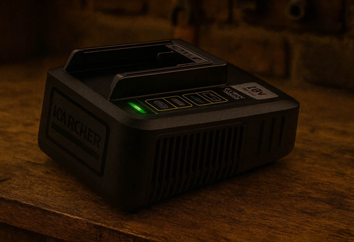 Απεικονίζεται ο φορτιστής πάνω σε πάγκο.